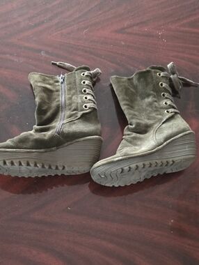 Fly London Olive Suede Lace-Up Wedge Ankle Boots